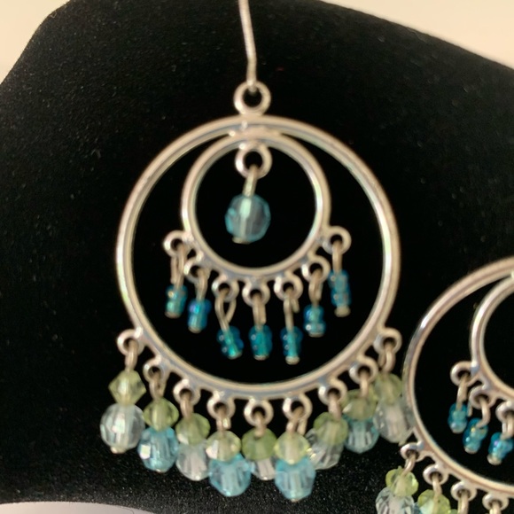 Chandelier Pastel Blue Sapphire Dangle Blue Green Silver Circle Drop Earrings - Picture 3 of 4